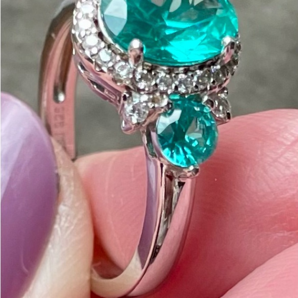 Elegant Sterling Silver and bright Aqua Gemstone RingLab Diamonds Sz 7 JBL 925 - Picture 4 of 9